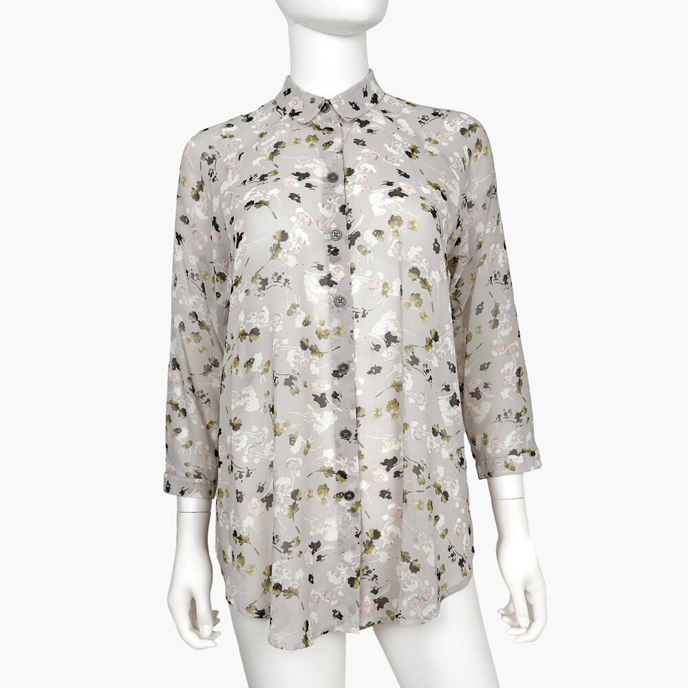 CABI Matinee Sheer Chiffon 3/4 Sleeve Button-Up Floral Blouse (Gray | Size XS)